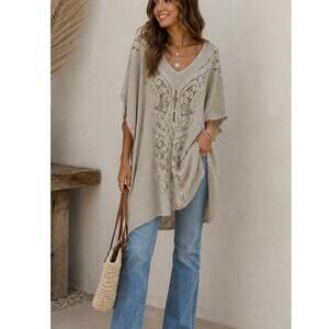 Anthropologie Knitted & Knotted Lace Knit Poncho Tunic M/L NWT Boho Moss